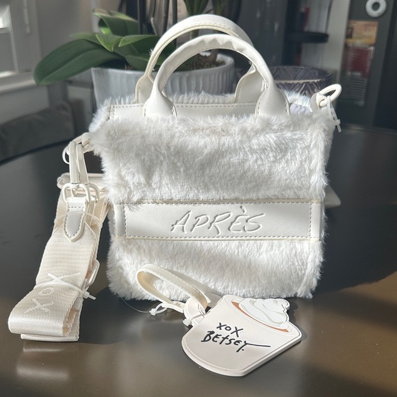 Betsey Johnson Handbags - Betsey Johnson Apres mini bag and luggage tag White Faux Fur Handbag with Strap